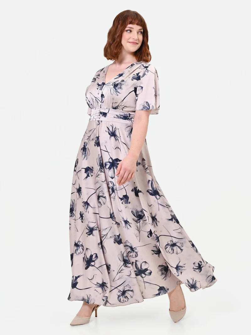 Abito Curvy lungo a fiori blu navy in raso