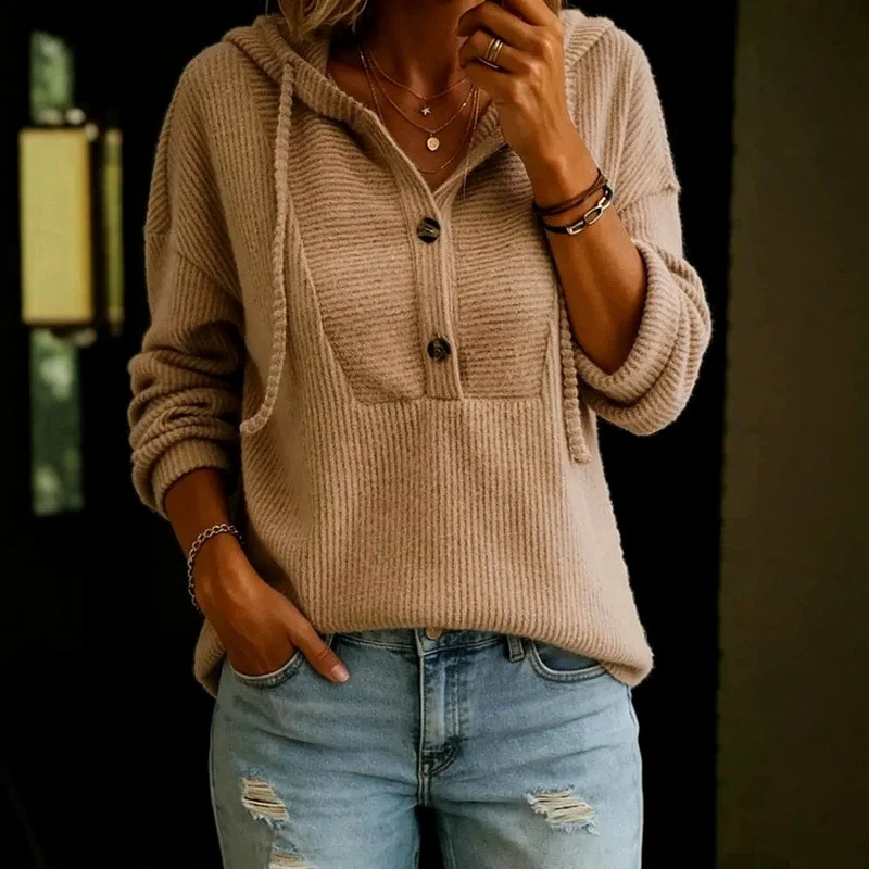 Women's Textured Knit Button-Neck Hooded Sweater
