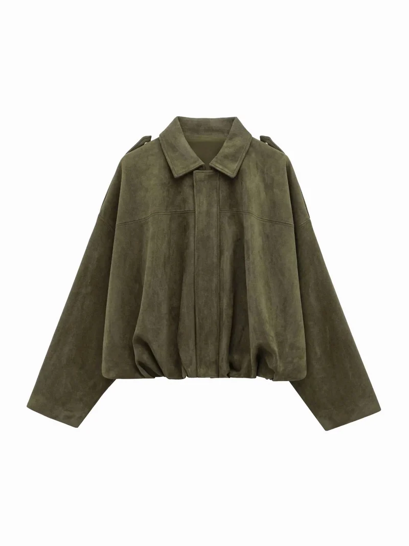Women's Faux Suede Collared Bomber Jacket with Structured Design