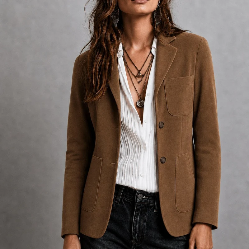 Women's Suede Blazer with Notch Lapel and Patch Pockets