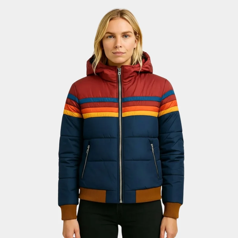 Women's Retro Hooded Puffer Jacket, Striped Autumn Coat
