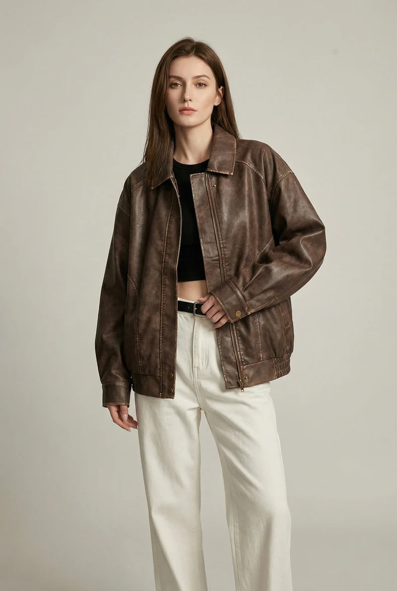 Women's Oversized Faux Leather Jacket in Vintage Brown