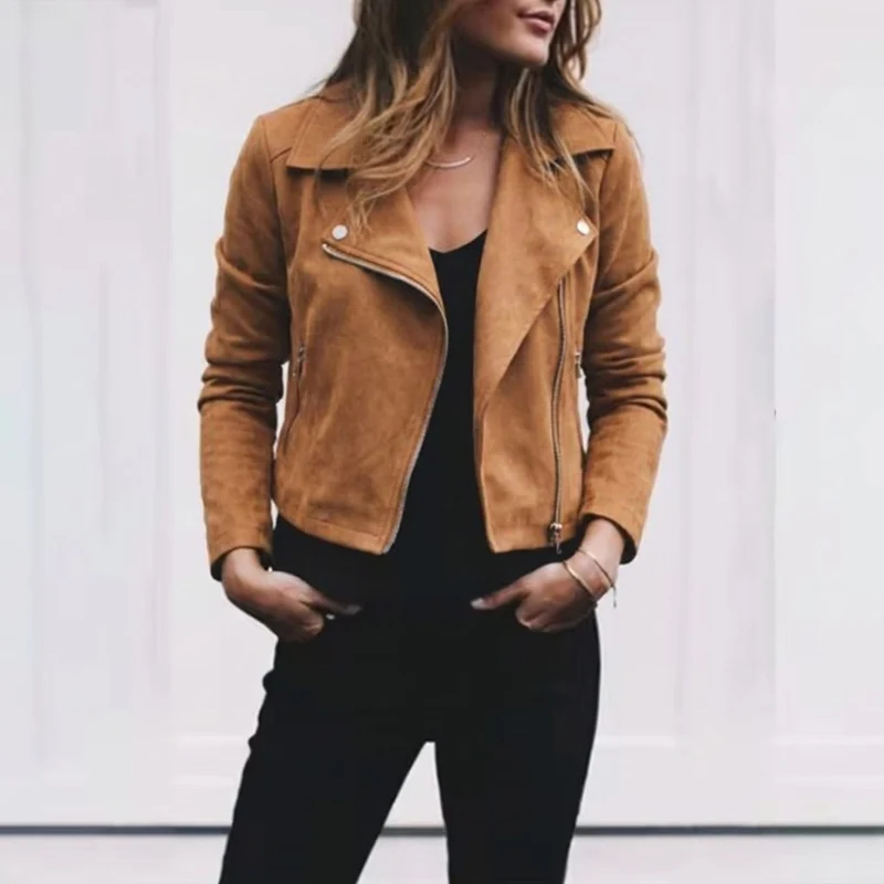 Women's Suede Cropped Moto-Style Jacket with Asymmetric Zip Front
