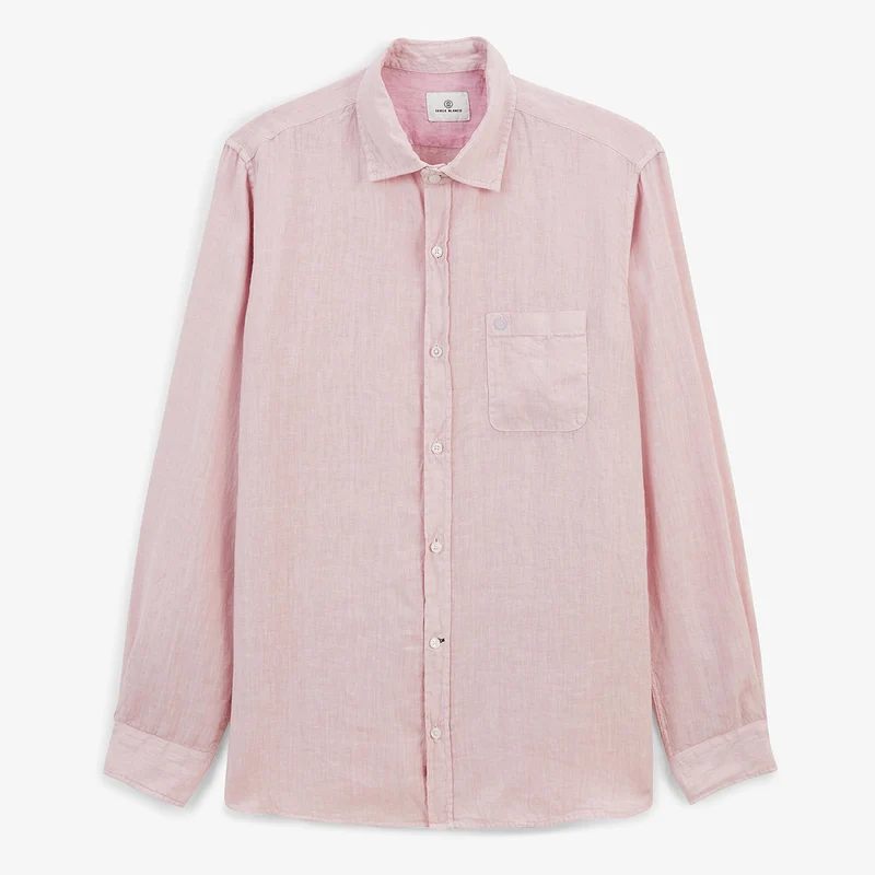 Chemise manches longues unie en lin rose
