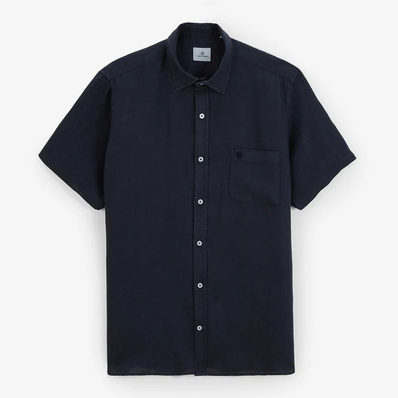 Chemise manches courtes unie en lin bleu marine