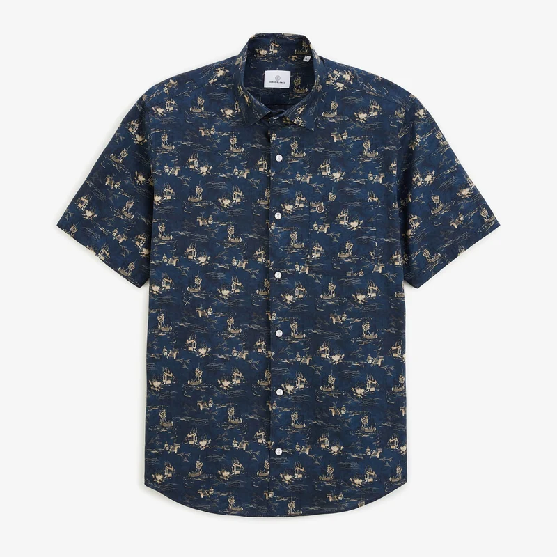 Chemise Caracas manches courtes en coton imprimé bleu marine