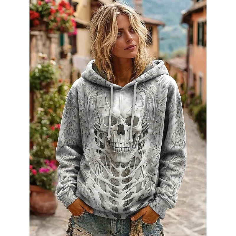 Women's Skull Graphic Hoodie, Relaxed Fit Halloween Sweatshirt