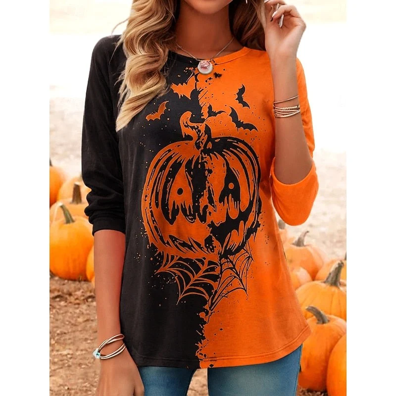 Women's Long-Sleeve Pumpkin Print Top, Festive Halloween Blouse