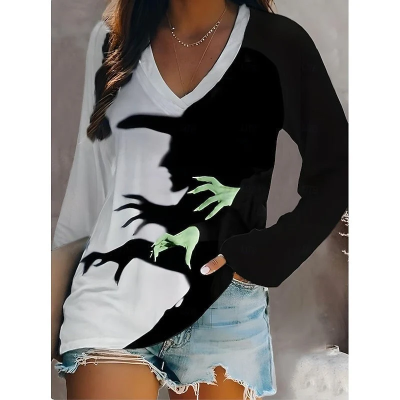 Women's Halloween Graphic V-Neck Long-Sleeve Festive Top