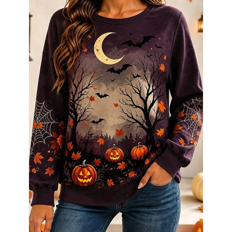 Women's Moonlit Pumpkin Graphic Sweatshirt, Relaxed Crew Neck Top