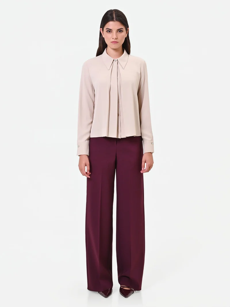 Camicia tortora beige in georgette con pieghe sovrapposte