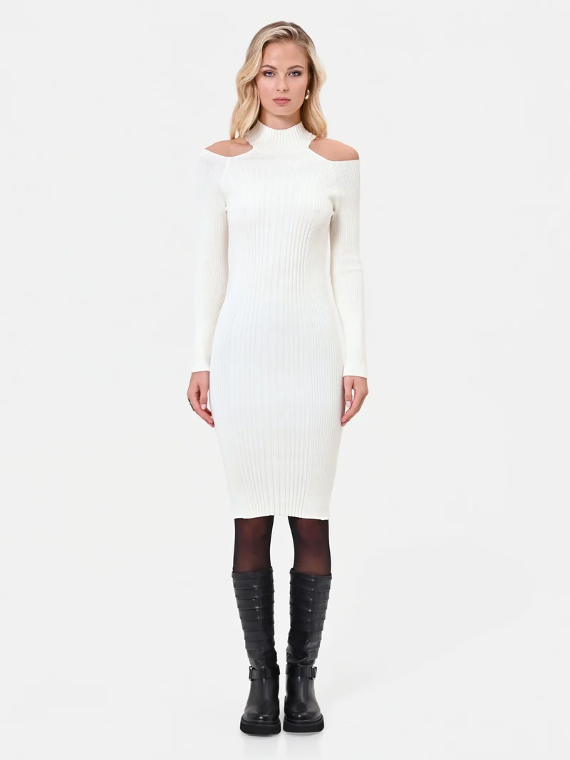 Abito midi in maglia di viscosa bianco panna con cut out