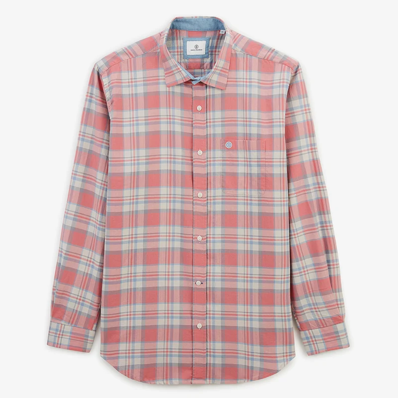 Chemise manches longues à carreaux en coton rose