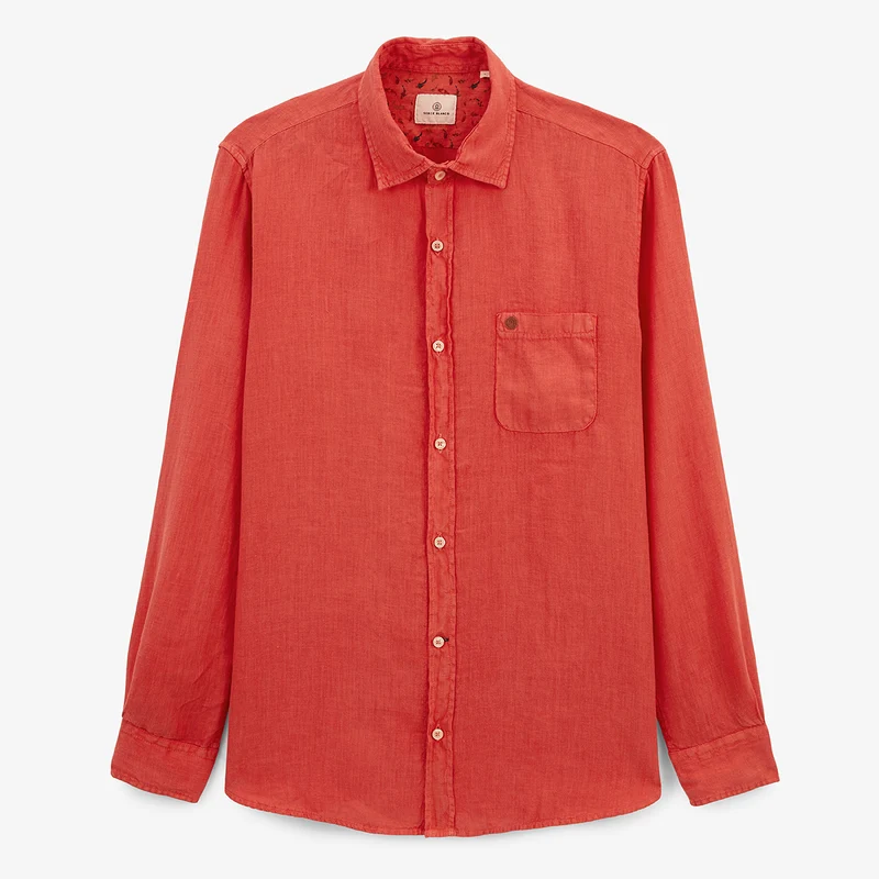 Chemise manches longues unie en lin rouge rouille