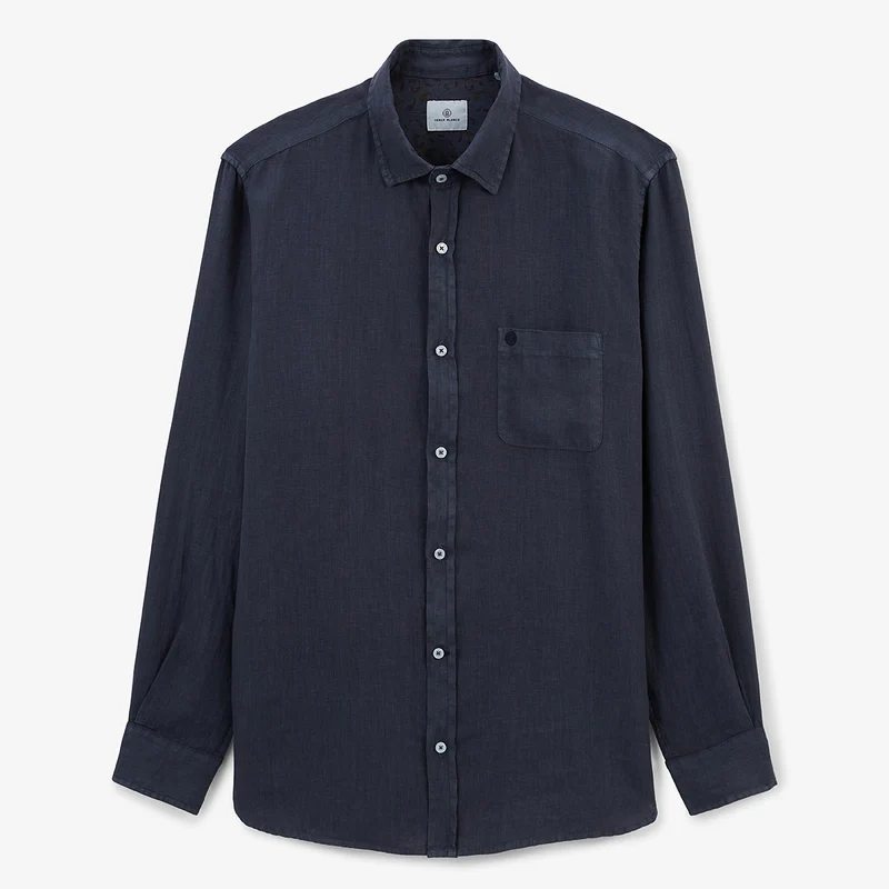 Chemise manches longues unie en lin gris carbone