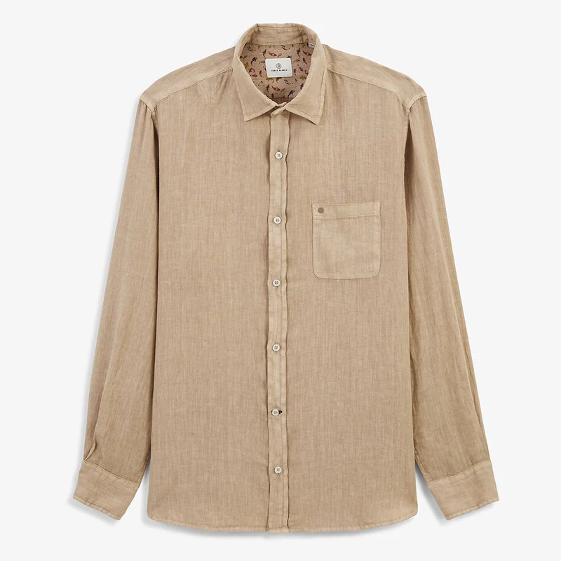 Chemise manches longues unie en lin marron avoine
