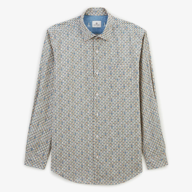 Chemise manches longues coton à motif losanges et pieuvres vert argile