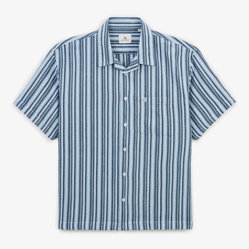 Chemise manches courtes en coton Caracas rayée bleu marine