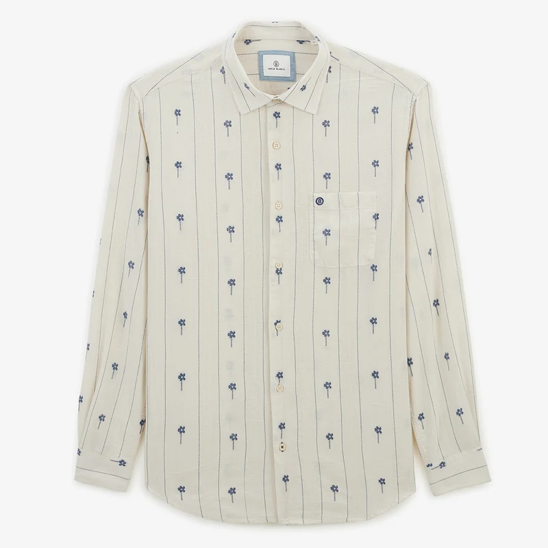 Chemise manches longues en coton jacquard blanche avec fleurs brodées