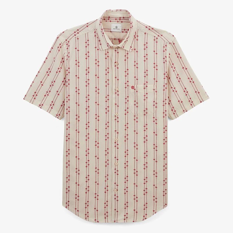 Chemise jacquard manches courtes avec fleurs brodées en coton blanche