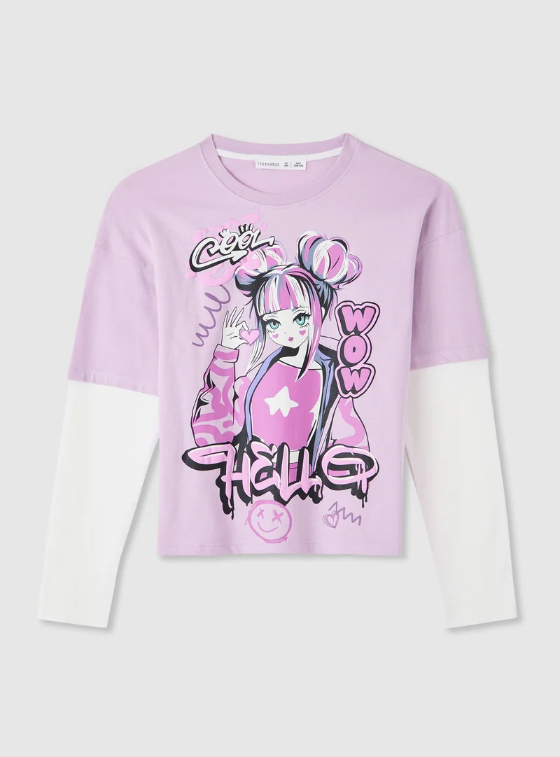 T-shirt a manica lunga con stampa e doppia manica