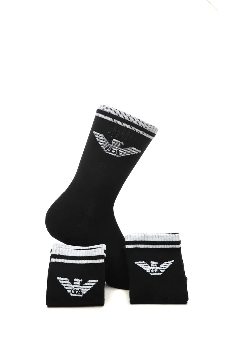 Calzini Bassi Emporio Armani Set 3 Pack Short Socks Da Uomo Nero Monogramma Grigio In Filato Di Misto Cotone