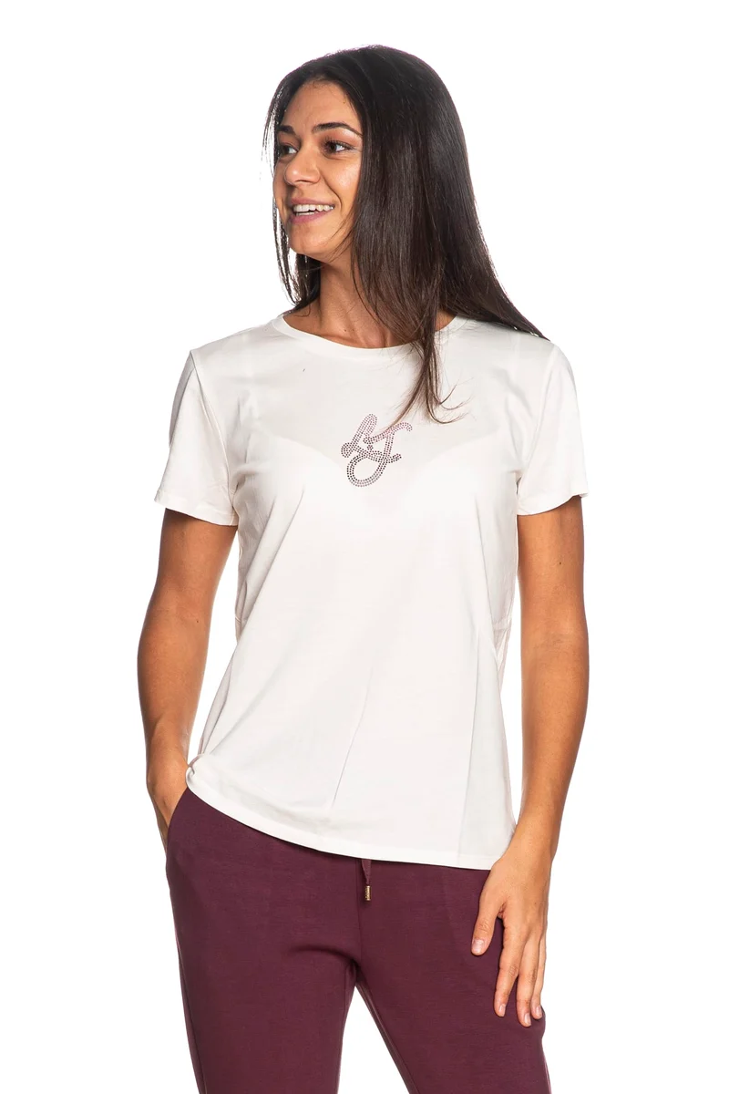 T-Shirt Liu Jo Sport Donna Latte - Logo Strass TF6251