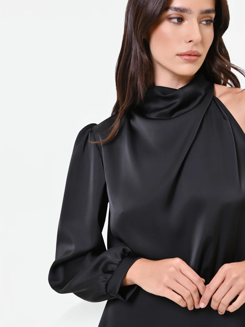 Abito corto nero in raso con scollo drappeggiato