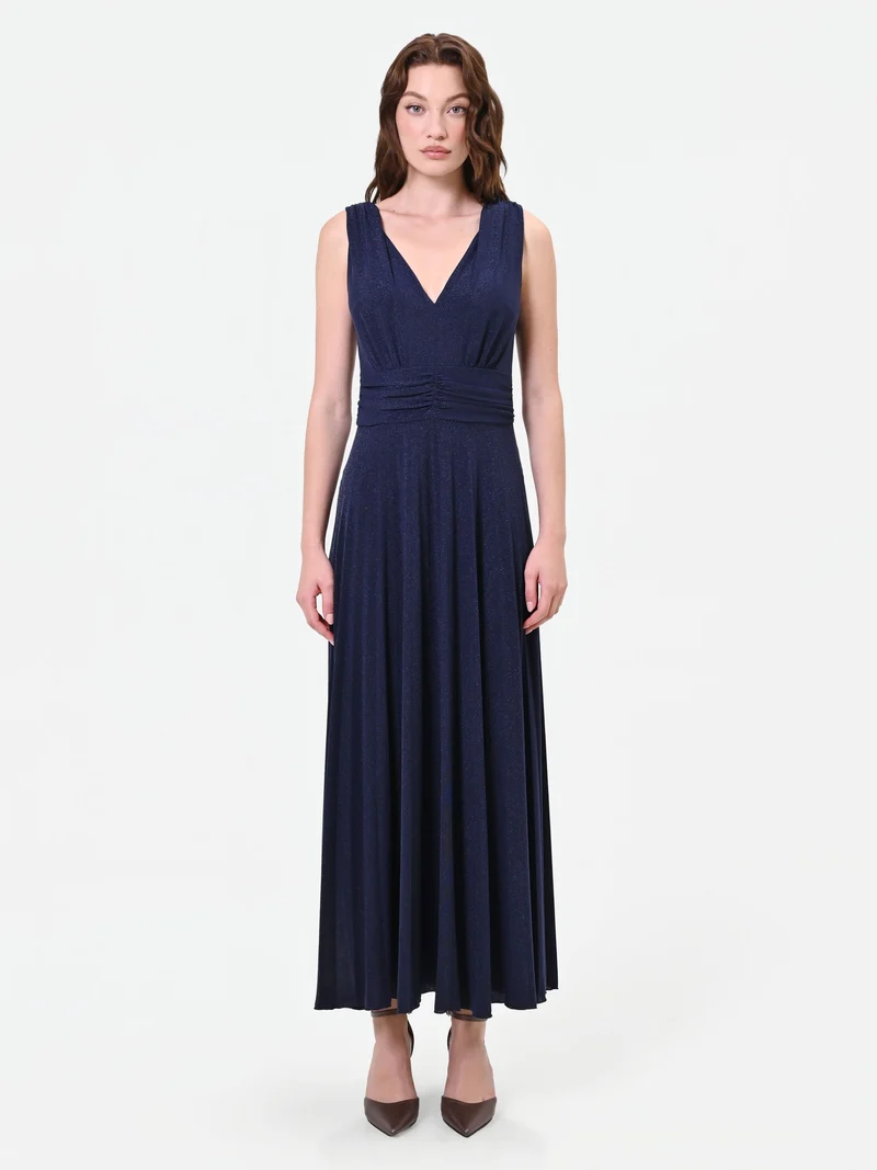 Abito lungo blu navy con drappeggio in vita