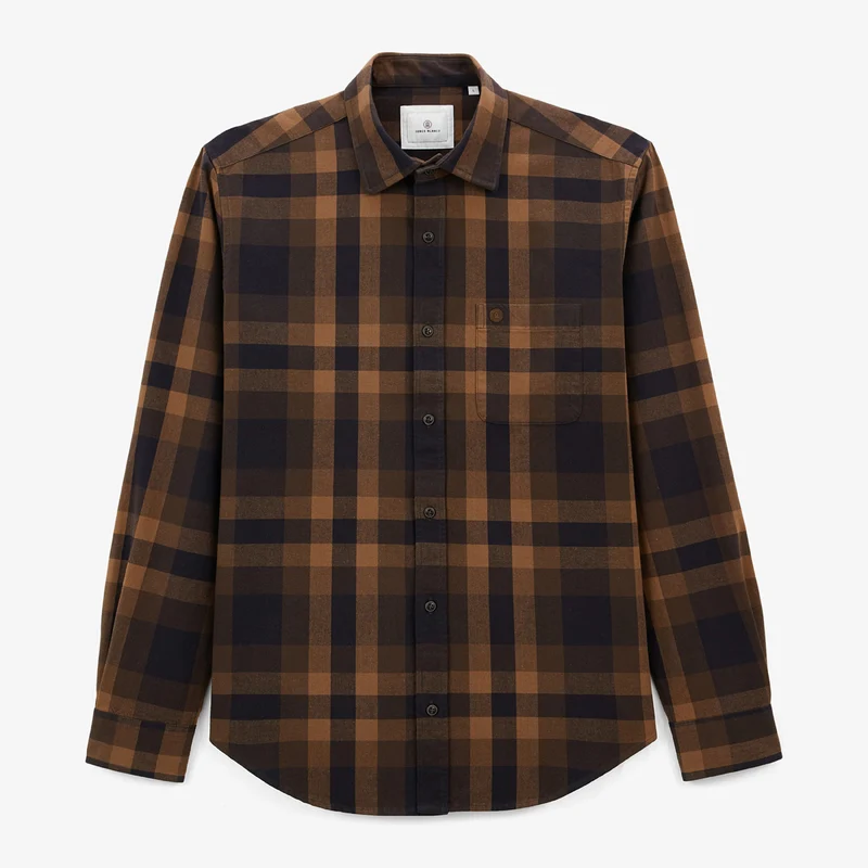 Chemise manches longues en coton twill à carreaux marron Charles