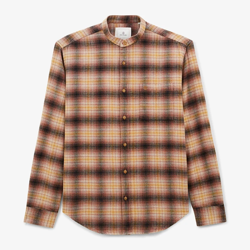 Chemise manches longues en coton col Mao à carreaux cuivre Charles