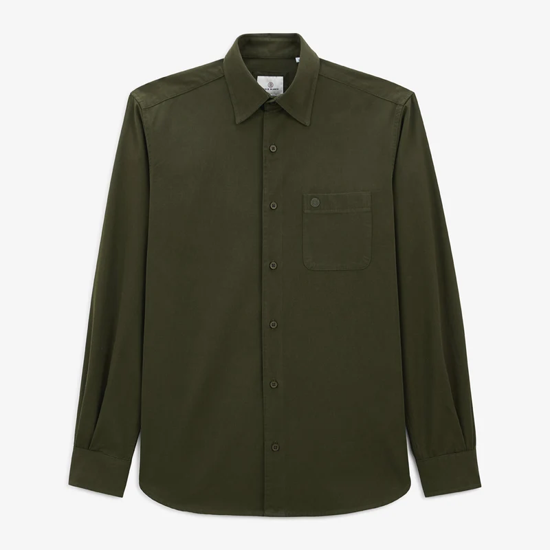 Chemise manches longues en coton unie vert militaire Charles