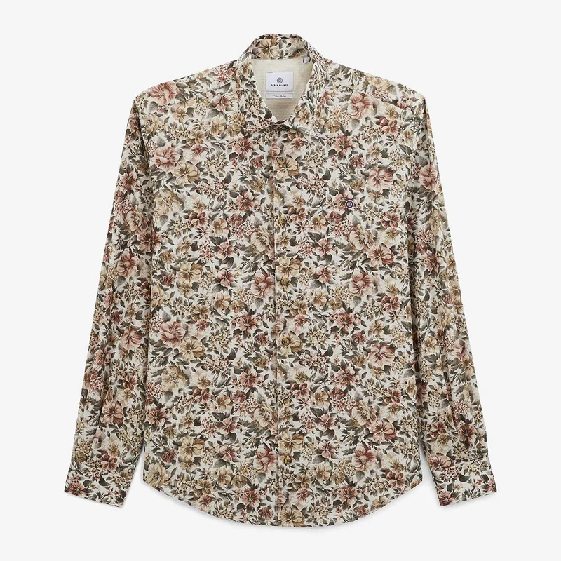Chemise manches longues à fleurs vert militaire en coton