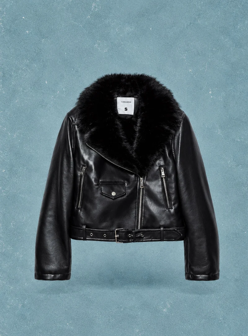 Giacca biker con collo in pelliccia sintetica