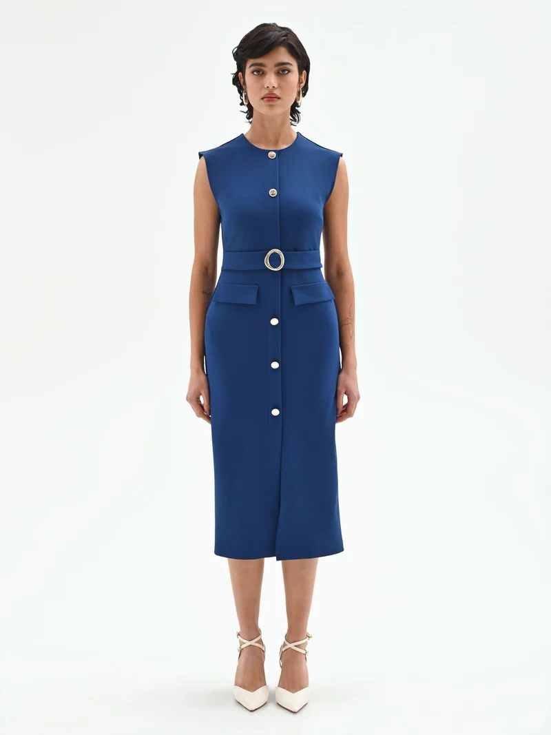 Tubino midi blu brillante con cintura