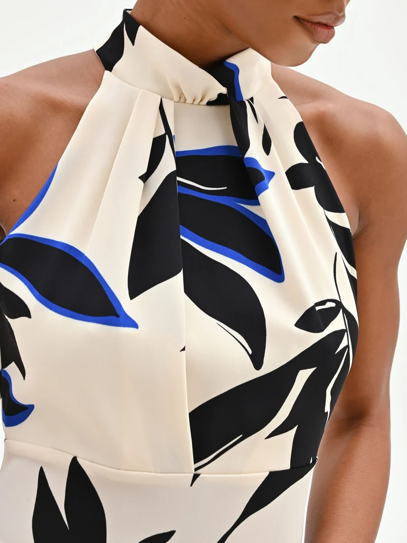 Abito fluido stampato blu cina con scollo all'americana