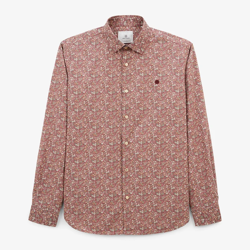 Chemise manches longues en coton imprimé floral rouge merlot Charles