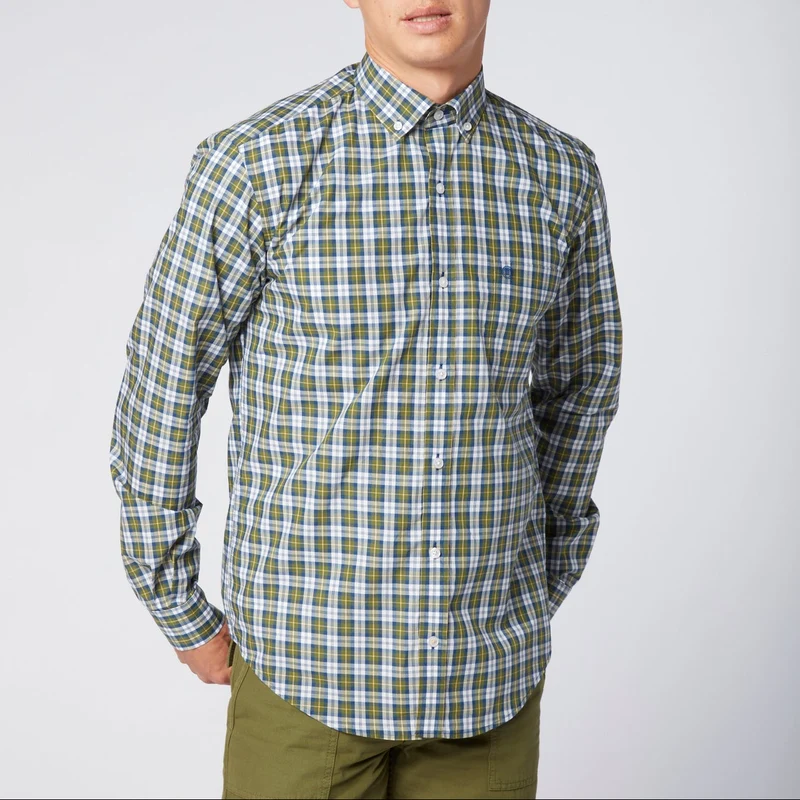Chemise manches longues à carreaux vert et bleu en coton coupe ajustée
