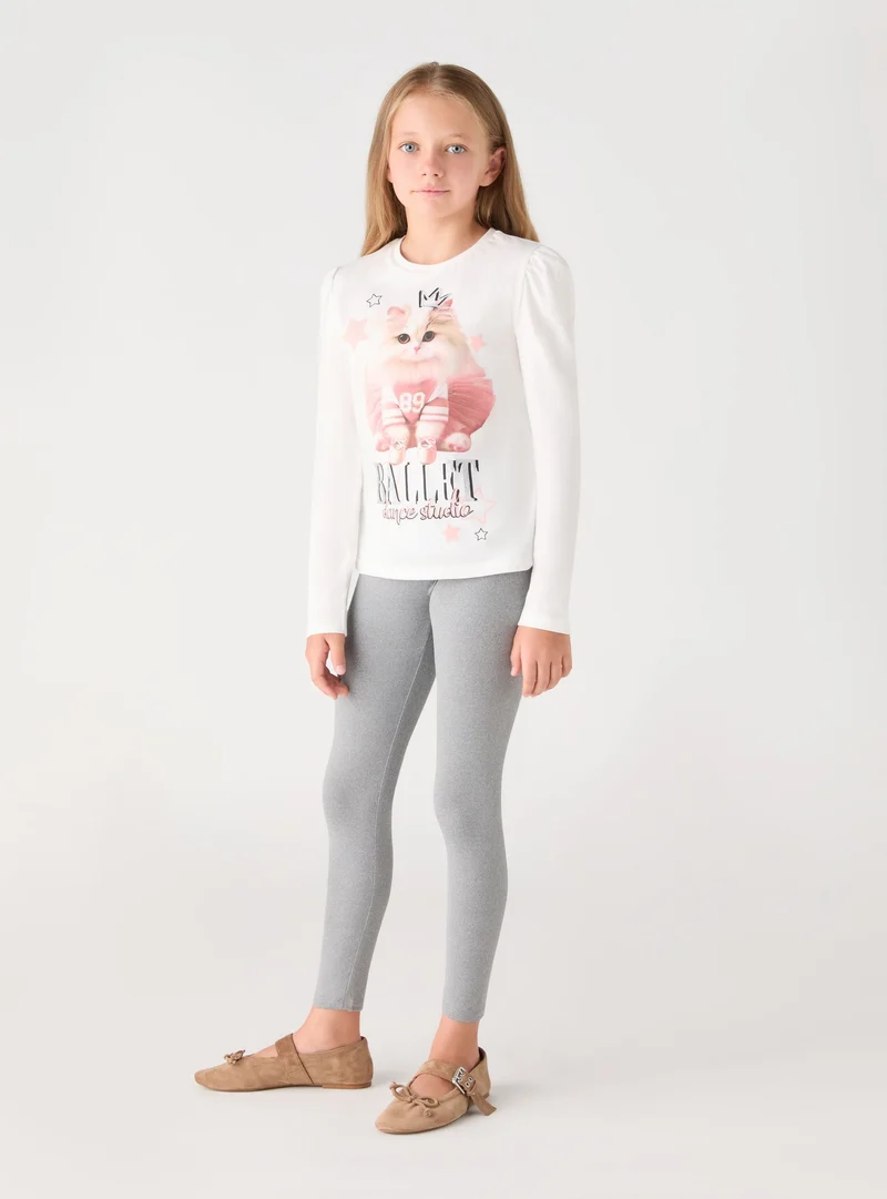 T-shirt manica lunga con stampa gatto e applicazioni