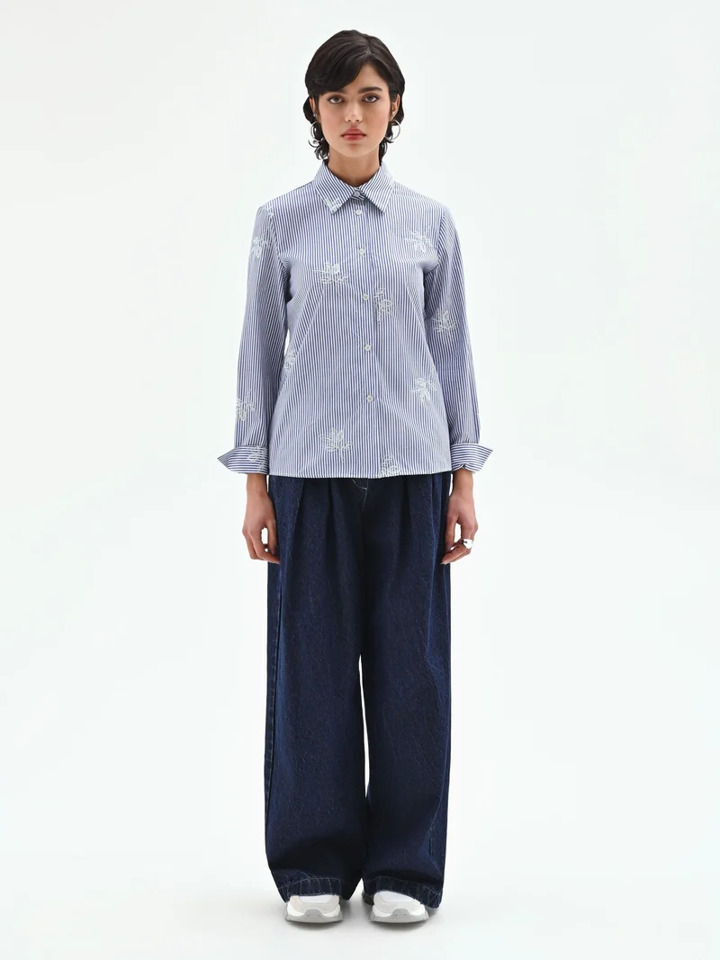 Camicia popeline a righe blu con ricami