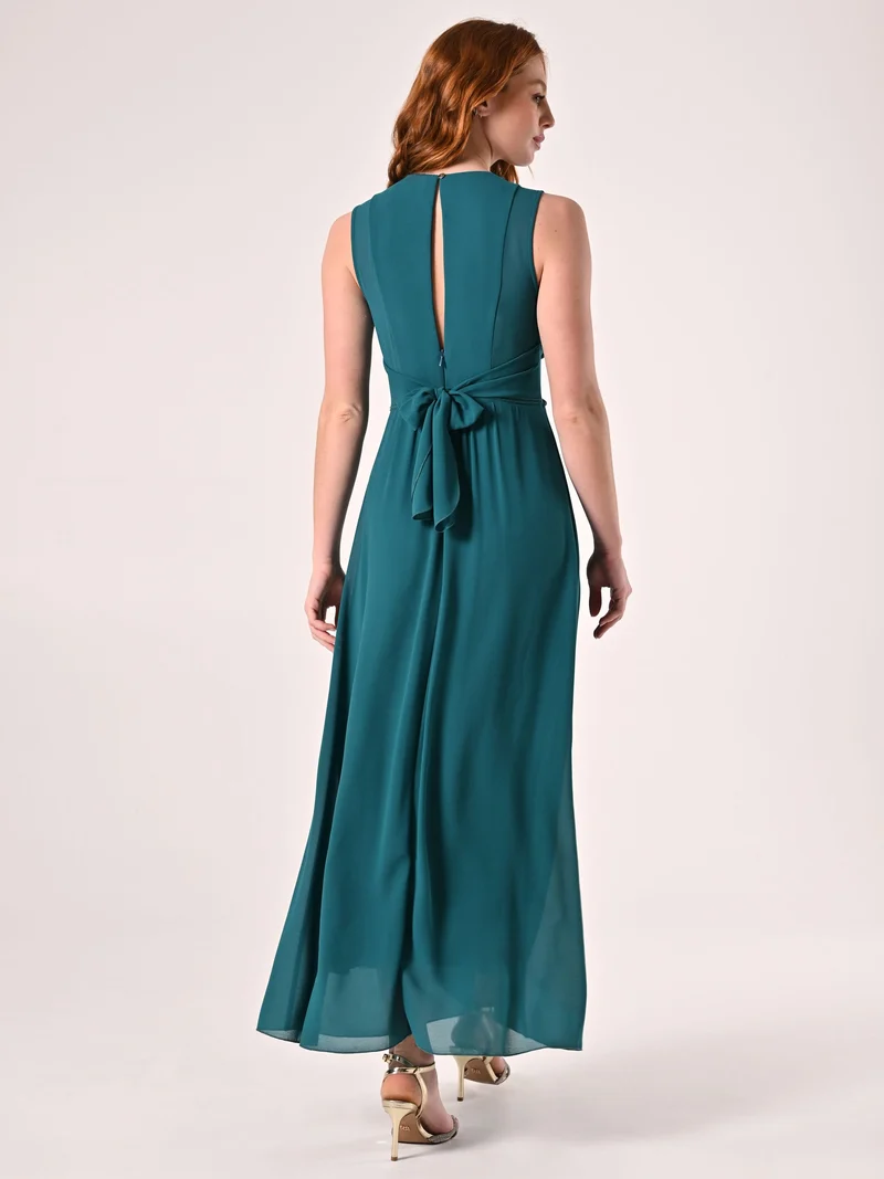 Abito Verde Reale Lungo con Piping Strass