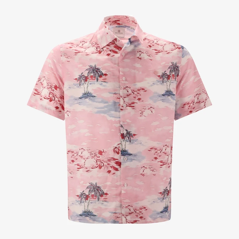 Chemise manches courtes rose avec imprimé palmiers en coton