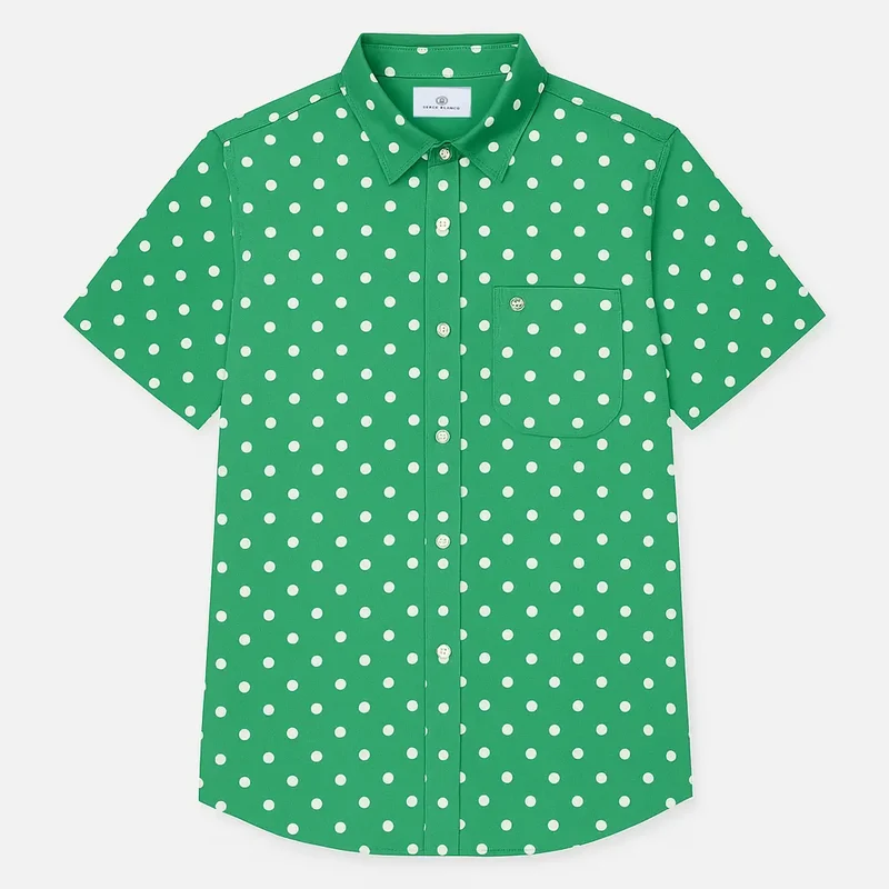 Chemise à pois manches courtes vert gazon en coton
