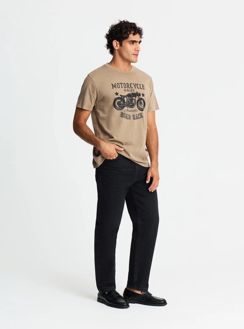 T-shirt con stampa moto effetto acid wash