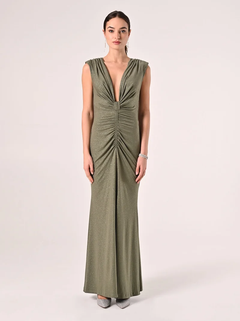 Abito Lungo Verde Militare con Glitter