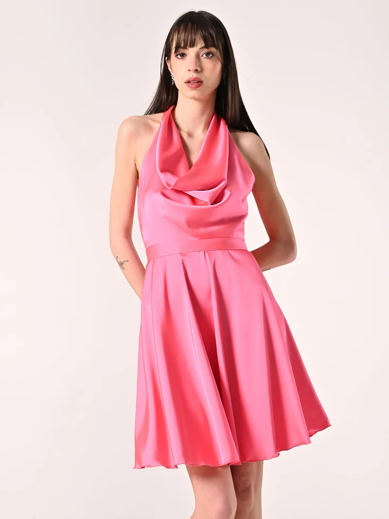 Abito Corto in Raso Rosa Camelia