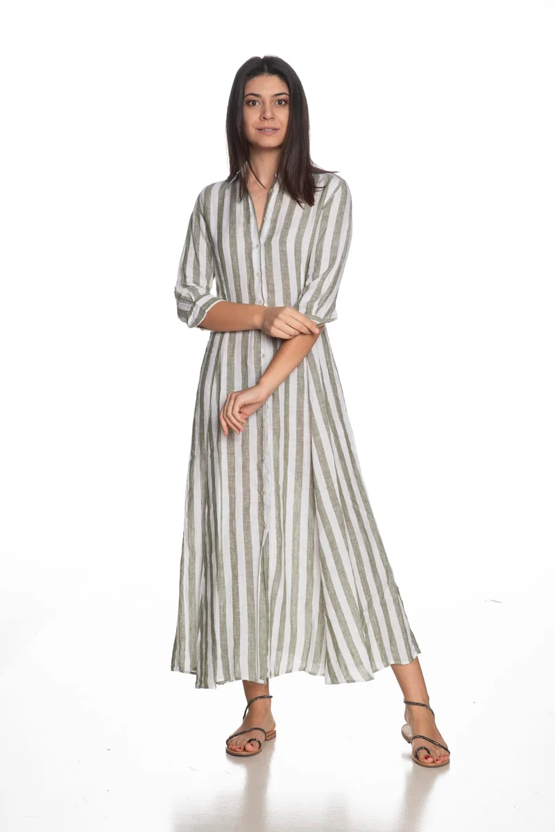 Abito Lungo Miss Bastoncino Stripes Da Donna Righe Bianco Verde Militare