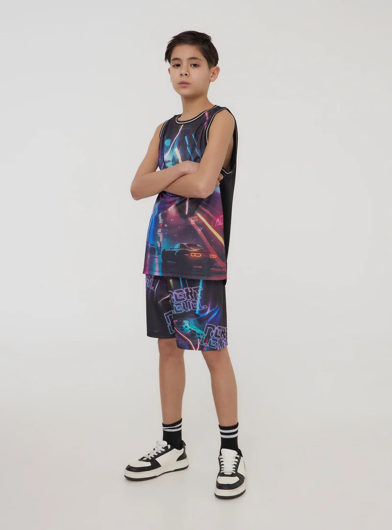 Pantaloncini in rete con stampa gaming