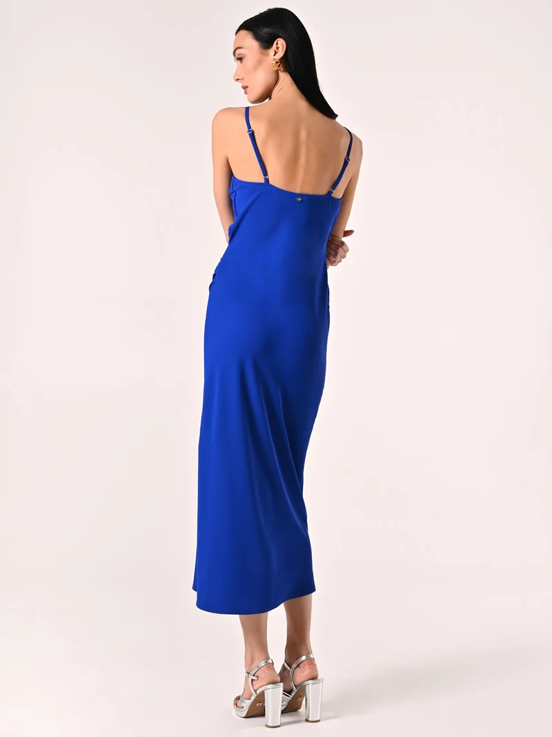 Abito Blu Cina con Scollo Incrociato e Drappeggio