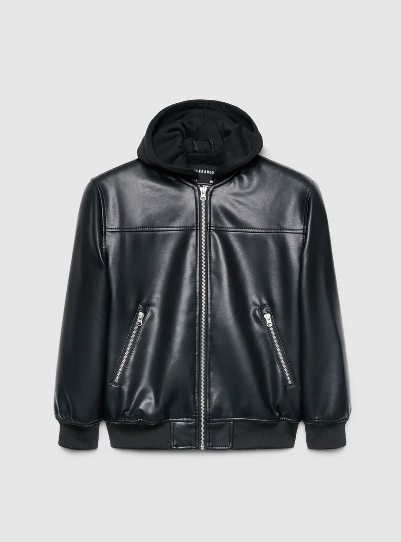 Bomber imbottito effetto pelle con cappuccio